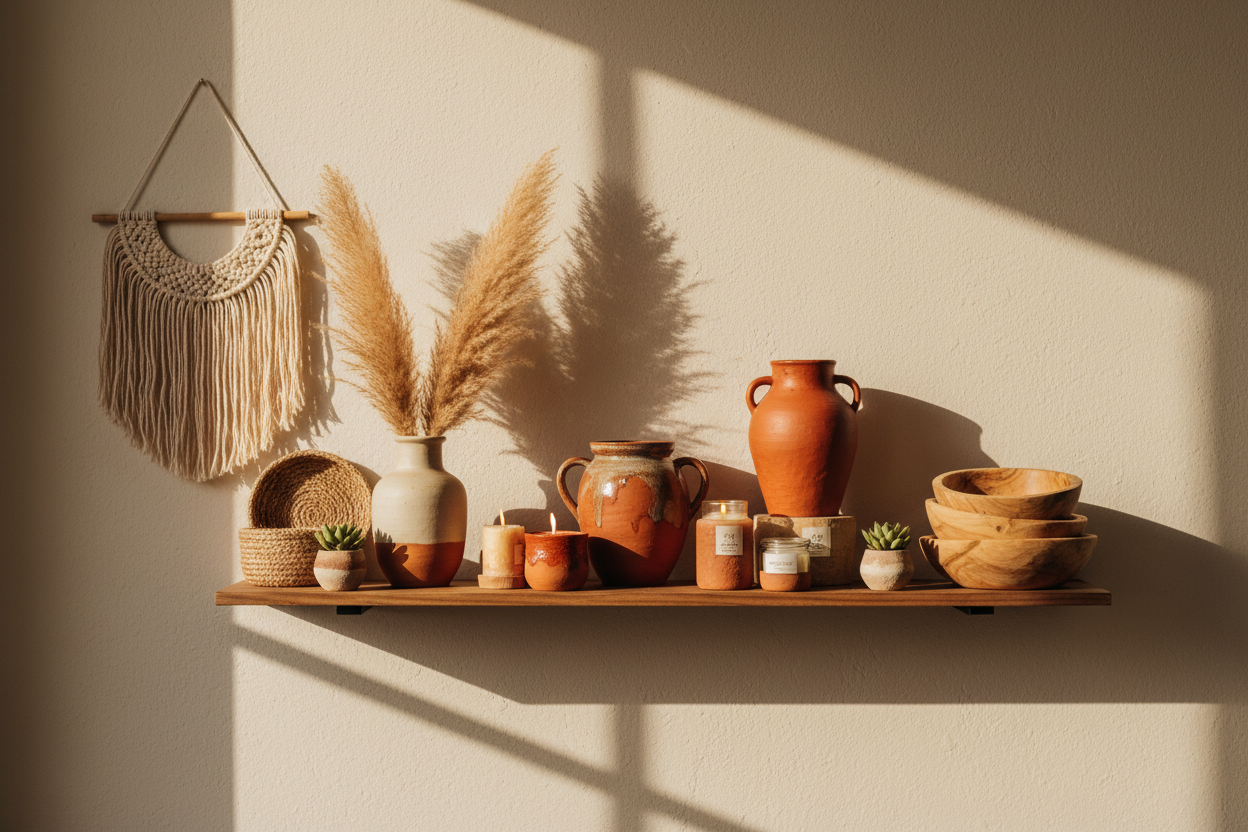 Aesthetic shelf or lifestyle setup using handcrafted items